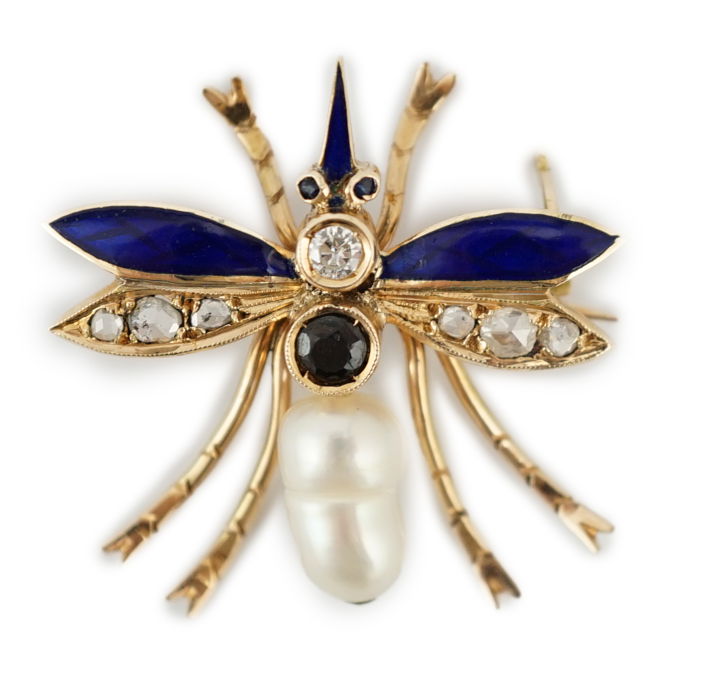 A Victorian style gold, baroque pearl, enamel, diamond and sapphire? set bug brooch